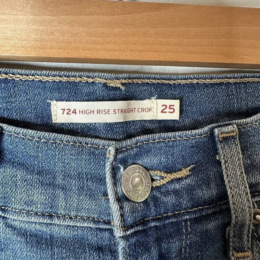 Levis Jeans Womens 724 High Rise Straight Crop Blue Stretch Denim Distressed 25‎